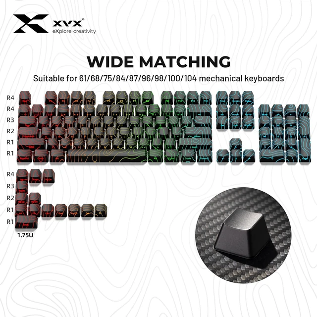 Alt view image 5 of 5 - HITIME x XVX Stealth Keycaps - Shine Through Topographic Keycaps, Unique IMD Tech, Phantom Design, for Mechanical Keyboards, 118 Key Set, OEM Profile, Lines and Character Backlit, Side Printed-Black