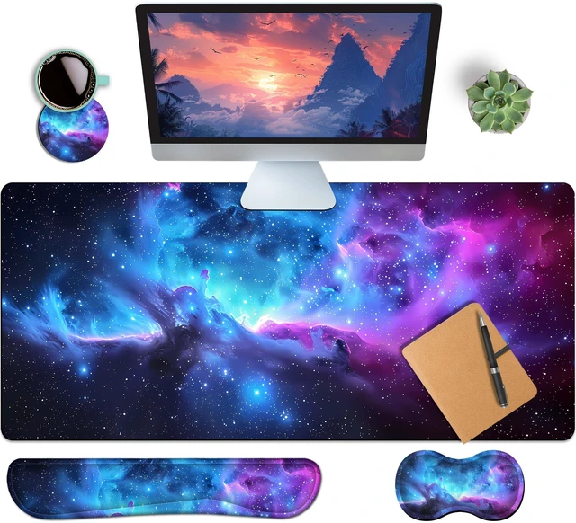 Main image of HaoSiTeck 4-Piece Extended Large Mouse Pad Set for Women Men with Galaxy Design Includes 35.4 x 15.7 XXL Large Mouse Pad Keyboard Wrist Rest Mouse Wrist Support and Coaster for Office Home