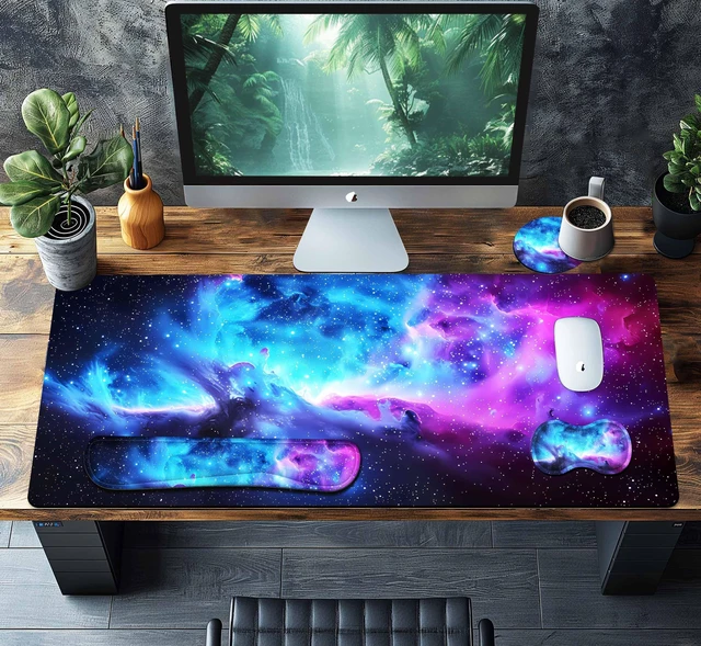 Alt view image 2 of 5 - HaoSiTeck 4-Piece Extended Large Mouse Pad Set for Women Men with Galaxy Design Includes 35.4 x 15.7 XXL Large Mouse Pad Keyboard Wrist Rest Mouse Wrist Support and Coaster for Office Home