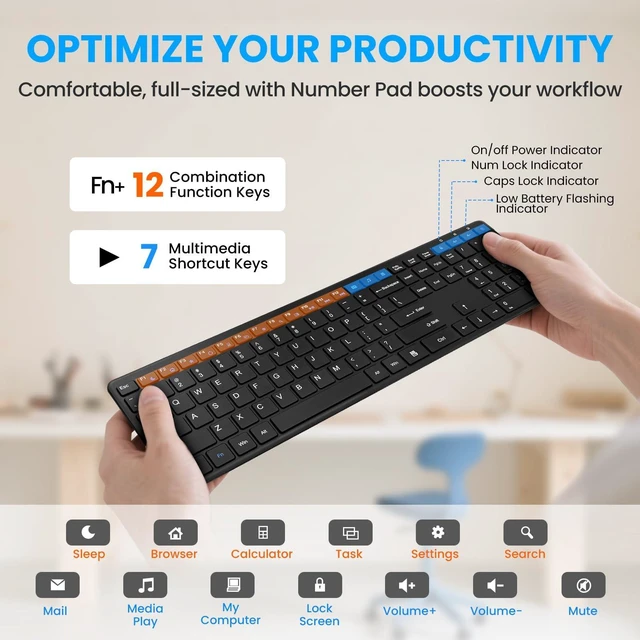 Alt view image 5 of 5 - Wireless Keyboard-2.4G USB Ultra Slim Quiet Full Size Matte PC Computer Keyboard,19 Multimedia Keys,Number Pad,Plug&Play,Lag-Free Ergo,Long Battery Life for Desktop,Laptop,Smart TV,MAC,Windows,