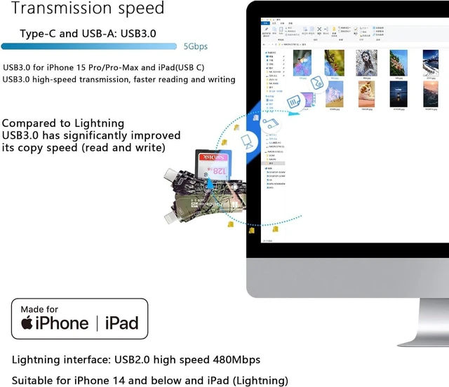 Alt view image 4 of 5 - USB3.0 Up to 100MB/s Read, SD Card Reader iPhone Lightning USB C Type C Card Reader Support SD TF Card,Trail Hunting Game Camera Viewer iPhone iPad Android Mac PC