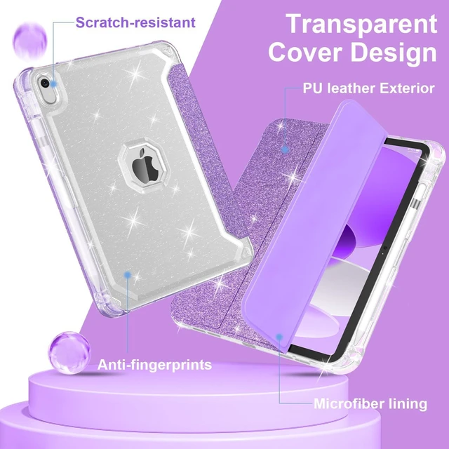 Alt view image 4 of 5 - Case for iPad 10th Generation 10.9 Inch (2022), iPad (A16) 11th Generation 11 Inch (2025)-with Pencil Holder, Sparkle Glitter Leather Trifold Stand Magnetic Smart Cover-Shiny Clear TPU Back, Purple