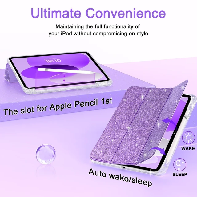 Alt view image 5 of 5 - Case for iPad 10th Generation 10.9 Inch (2022), iPad (A16) 11th Generation 11 Inch (2025)-with Pencil Holder, Sparkle Glitter Leather Trifold Stand Magnetic Smart Cover-Shiny Clear TPU Back, Purple