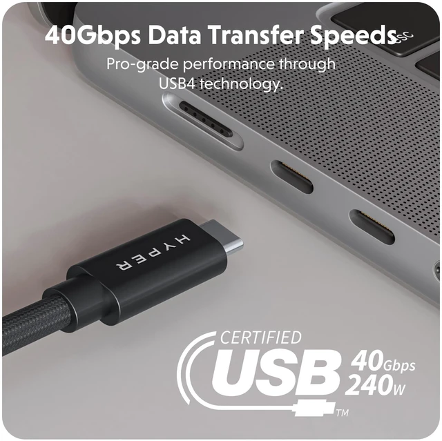 Alt view image 2 of 5 - HyperDrive Next USB4 Type-C Performance Charging Cable USB C Charging w/ 40Gbps Data Transfer, 240W Power Delivery, Fast Charge, 8K Video Support (4ft/1.2m - Black)
