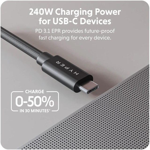 Alt view image 3 of 5 - HyperDrive Next USB4 Type-C Performance Charging Cable USB C Charging w/ 40Gbps Data Transfer, 240W Power Delivery, Fast Charge, 8K Video Support (4ft/1.2m - Black)
