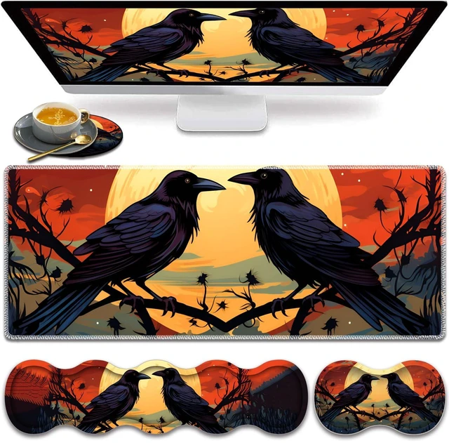 Main image of Large Gaming Mouse Pad, Keyboard Wrist Rest Pad + Mouse Wrist Pad + Coaster 4 in 1 Set, Extended Waterproof Non-Slip Desk Mat, Suitable for Office Home Learning Games, Branch Crow