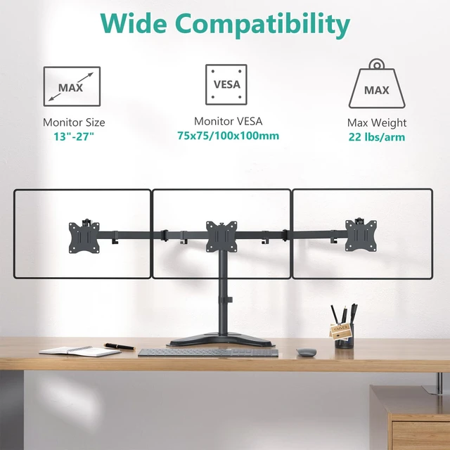Alt view image 2 of 5 - WALI Freestanding Triple Monitor Stand for 13-27 inch Screens22lbs per Arm
