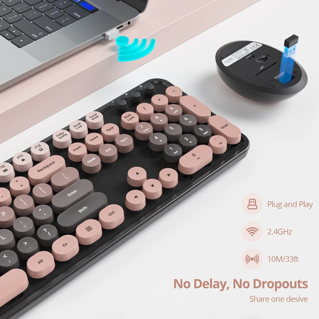 Alt view image 2 of 5 - Guffercty kred Pink and Black Keyboard Mouse Wireless, Retro Typewriter Round Keycaps Full-Size Wireless Keyboard 2.4GHz for Desktop Laptop and PC (Dark Plum)