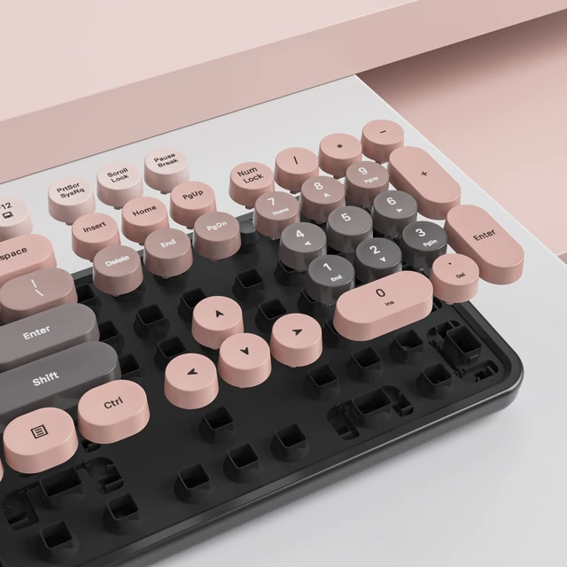 Alt view image 4 of 5 - Guffercty kred Pink and Black Keyboard Mouse Wireless, Retro Typewriter Round Keycaps Full-Size Wireless Keyboard 2.4GHz for Desktop Laptop and PC (Dark Plum)