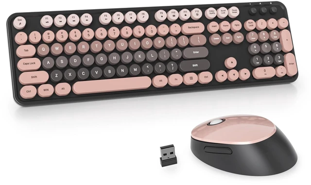Main image of Guffercty kred Pink and Black Keyboard Mouse Wireless, Retro Typewriter Round Keycaps Full-Size Wireless Keyboard 2.4GHz for Desktop Laptop and PC (Dark Plum)