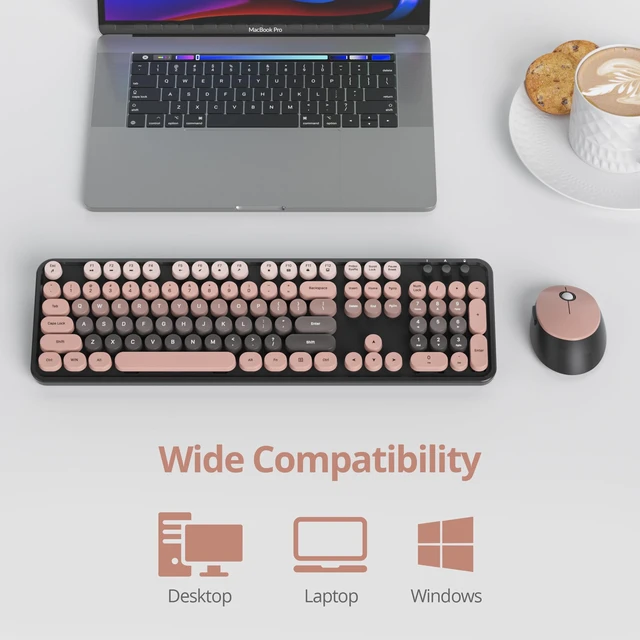 Alt view image 5 of 5 - Guffercty kred Pink and Black Keyboard Mouse Wireless, Retro Typewriter Round Keycaps Full-Size Wireless Keyboard 2.4GHz for Desktop Laptop and PC (Dark Plum)
