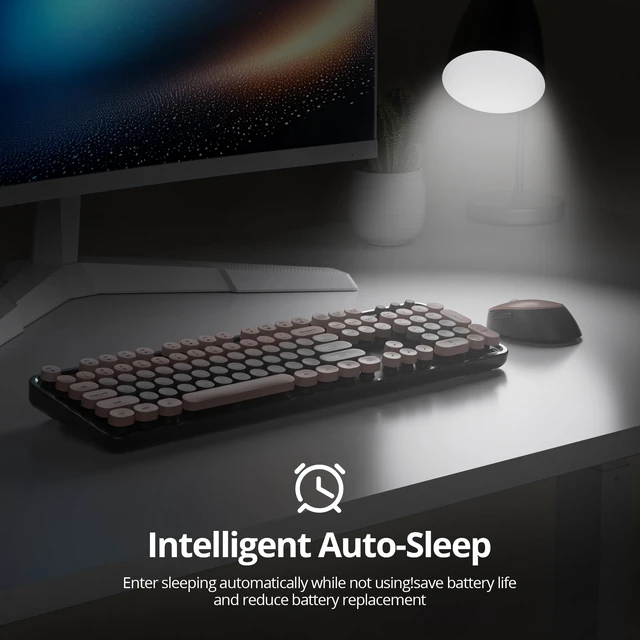 Alt view image 3 of 5 - Guffercty kred Pink and Black Keyboard Mouse Wireless, Retro Typewriter Round Keycaps Full-Size Wireless Keyboard 2.4GHz for Desktop Laptop and PC (Dark Plum)
