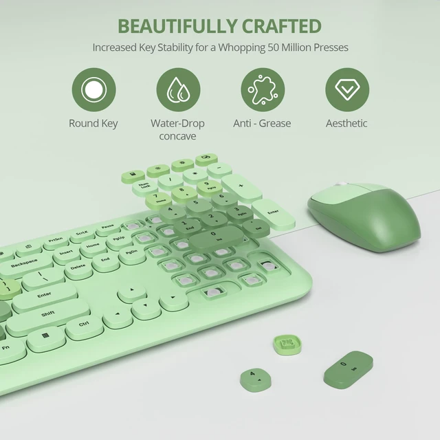 Alt view image 3 of 5 - surmen Cute Green Keyboard and Mouse Wireless, Full-Size Retro Typewriter Wireless Silent Colorful Keyboard Low-Noise 2.4GHz for Home and OfficeLight Green