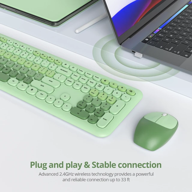 Alt view image 2 of 5 - surmen Cute Green Keyboard and Mouse Wireless, Full-Size Retro Typewriter Wireless Silent Colorful Keyboard Low-Noise 2.4GHz for Home and OfficeLight Green