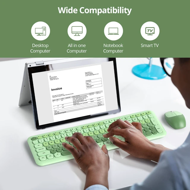 Alt view image 5 of 5 - surmen Cute Green Keyboard and Mouse Wireless, Full-Size Retro Typewriter Wireless Silent Colorful Keyboard Low-Noise 2.4GHz for Home and OfficeLight Green