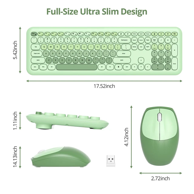 Alt view image 4 of 5 - surmen Cute Green Keyboard and Mouse Wireless, Full-Size Retro Typewriter Wireless Silent Colorful Keyboard Low-Noise 2.4GHz for Home and OfficeLight Green