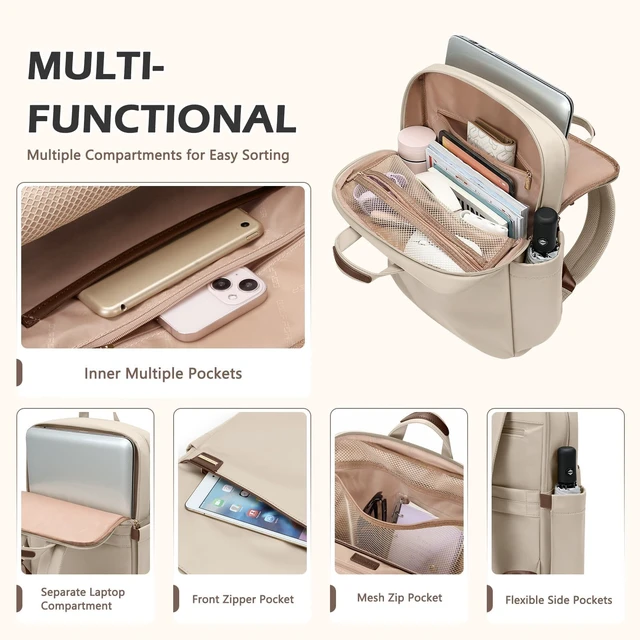Alt view image 5 of 5 - GOLF QUALITY Slim Laptop Backpack for Women, Lightweight Business Backpack for Women Computer Bag Purse for Commuting, Fit 17.3 Inch, Apricot