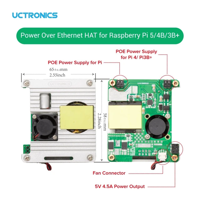 Alt view image 3 of 5 - UCTRONICS PoE Hat for Raspberry Pi 5, Power Over Ethernet HAT for Raspberry Pi 4B/3B+, Support 802.3af PoE Network Standard with Heatsinks and Onboard Cooling Fan