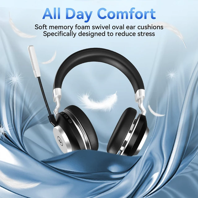 Alt view image 4 of 5 - Wantek Wireless Headset with Mic - USB & Bluetooth AI Noise Cancelling Mute Button 50-Hour Battery Life Working Time On-Ear Headset Adjustable Microphone for Home/Office/Car