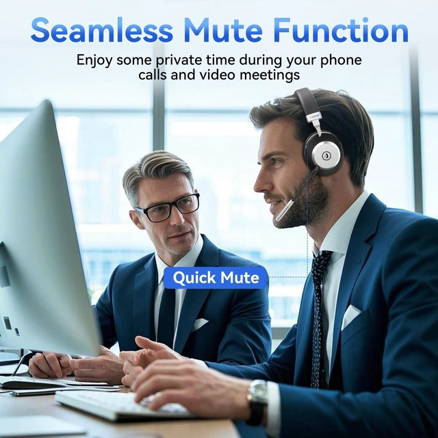Alt view image 5 of 5 - Wantek Wireless Headset with Mic - USB & Bluetooth AI Noise Cancelling Mute Button 50-Hour Battery Life Working Time On-Ear Headset Adjustable Microphone for Home/Office/Car