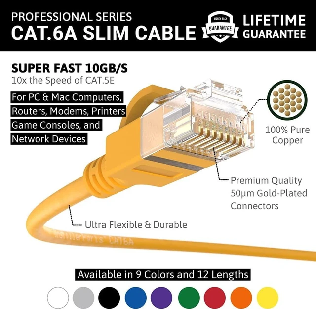 Alt view image 2 of 5 - InstallerParts Ethernet Cable CAT6A Slim Cable UTP Booted 7 FT (10 Pack) - Yellow - Professional Series - 10Gigabit/Sec Network/High Speed Internet Cable, 550MHZ, 28AWG