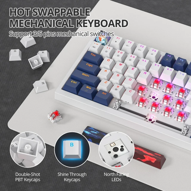 Alt view image 2 of 5 - iRoboosta 75% Mechanical Gaming Keyboard, Hot Swappable RGB Backlit Custom With Knob, Gasket Mount USB Wired, 82 Keys Blue White Linear Red Switch (82 Blue White)