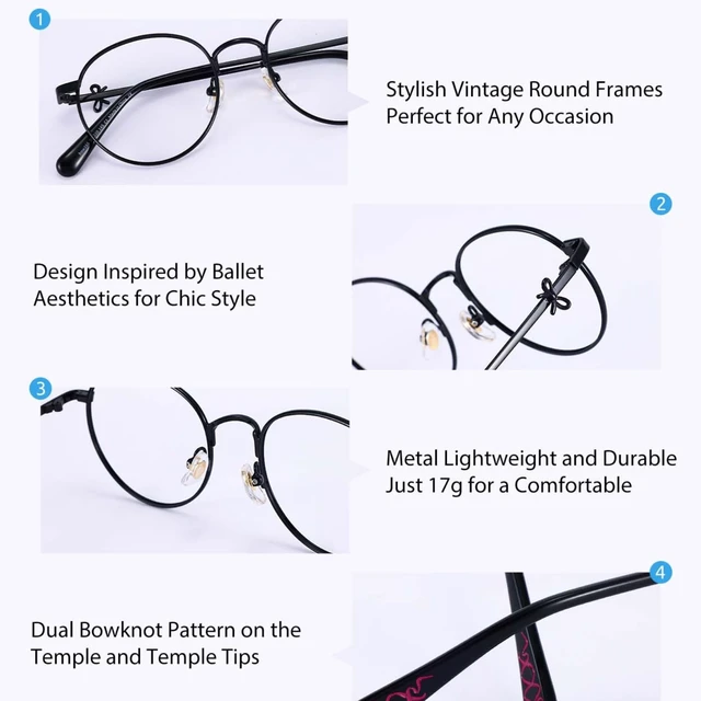Alt view image 4 of 5 - Firmoo Blue Light Blocking Glasses for Woman, Black Retro Round Metal Frame Anti Eyestrain UV400 Computer Gaming Glasses Bow165