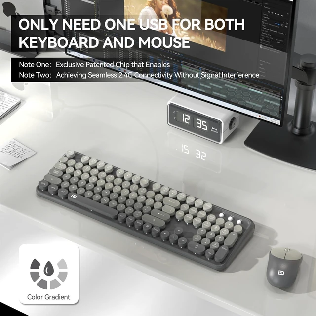 Alt view image 4 of 5 - Wireless Keyboard and Mouse Combo, 2.4 GHz Wireless Full-Sized Typewriter Keyboard with Round Keycaps for Windows, Computer, Desktop, PC, Laptop (Grey)