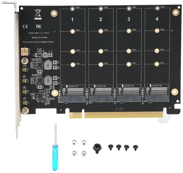 Main image of 4 Port NVMe to PCIe Host Controller Expansion Card, M.2 NVME to PCIe X16 Adapter, Support 2230 2242 2260 2280, System Free Drive, 432Gbps, with Mounting Accessories (ph44)
