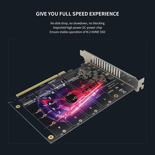 Alt view image 3 of 5 - 4 Port NVMe to PCIe Host Controller Expansion Card, M.2 NVME to PCIe X16 Adapter, Support 2230 2242 2260 2280, System Free Drive, 432Gbps, with Mounting Accessories (ph44)
