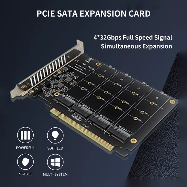 Alt view image 5 of 5 - 4 Port NVMe to PCIe Host Controller Expansion Card, M.2 NVME to PCIe X16 Adapter, Support 2230 2242 2260 2280, System Free Drive, 432Gbps, with Mounting Accessories (ph44)