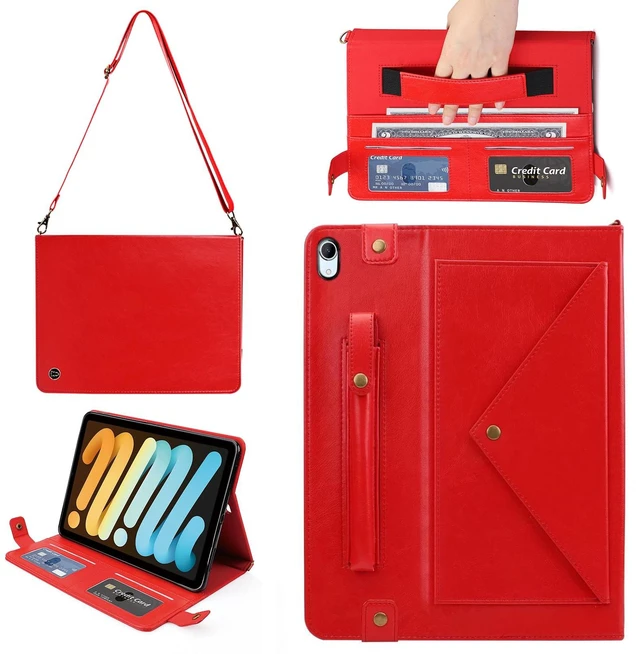 Main image of Handbag Case for iPad mini 7 2024 8.3" / Mini 6 2021, Techcircle Folio Stand PU Leather Crossbody iPad mini Cover with Hand Strap+Shoulder Strap, Multi-Card Slots Envelope Pocket Wallet Case, Red