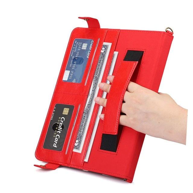 Alt view image 5 of 5 - Handbag Case for iPad mini 7 2024 8.3" / Mini 6 2021, Techcircle Folio Stand PU Leather Crossbody iPad mini Cover with Hand Strap+Shoulder Strap, Multi-Card Slots Envelope Pocket Wallet Case, Red