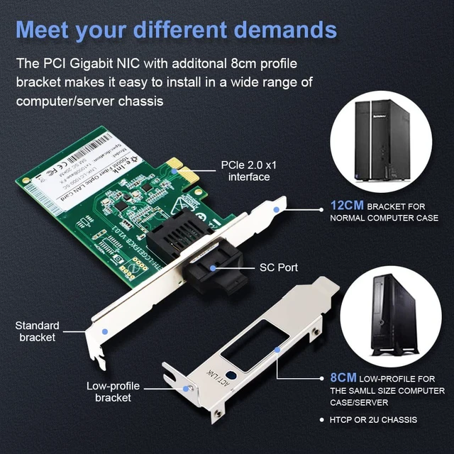 Alt view image 2 of 5 - Gigabit SC PCIe Fiber Network Card, Single-Mode Duplex 1310nm, 20KM