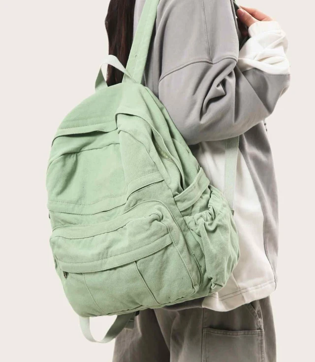 Alt view image 2 of 5 - GAMLFL Sage Green Canvas Backpack for Women Retro Aesthetic Rucksack Basic Backpack for High School/College Students Travel Laptop Bag