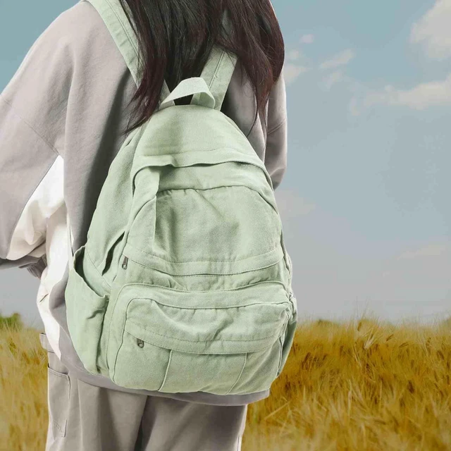 Alt view image 4 of 5 - GAMLFL Sage Green Canvas Backpack for Women Retro Aesthetic Rucksack Basic Backpack for High School/College Students Travel Laptop Bag