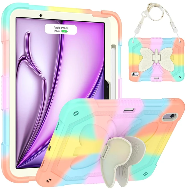 Main image of Case for iPad Air 11-inch (M4/M3/M2) for Kids Girls with Stylus Holder, Cover for iPad Air 8th/7th/6th Generation 2026/2025/2024 with Butterfly Stand, Carrying Strap, Heavy Duty Case - Colorful