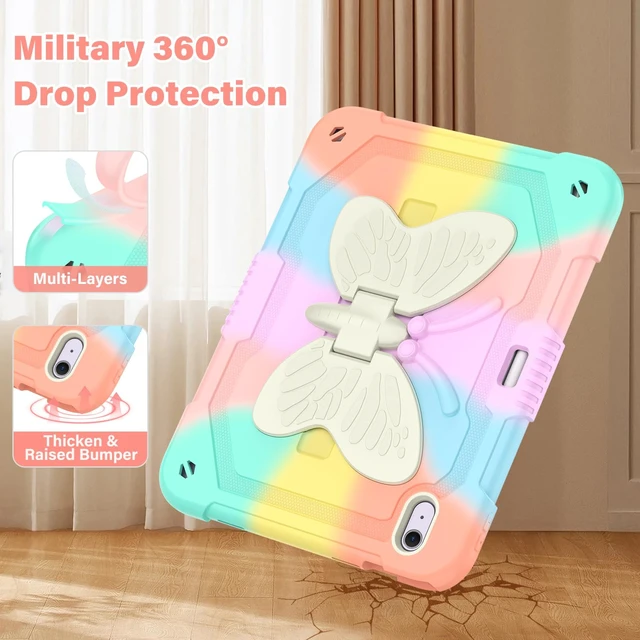 Alt view image 3 of 5 - Case for iPad Air 11-inch (M4/M3/M2) for Kids Girls with Stylus Holder, Cover for iPad Air 8th/7th/6th Generation 2026/2025/2024 with Butterfly Stand, Carrying Strap, Heavy Duty Case - Colorful