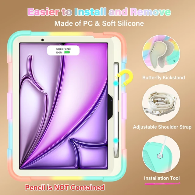 Alt view image 5 of 5 - Case for iPad Air 11-inch (M4/M3/M2) for Kids Girls with Stylus Holder, Cover for iPad Air 8th/7th/6th Generation 2026/2025/2024 with Butterfly Stand, Carrying Strap, Heavy Duty Case - Colorful