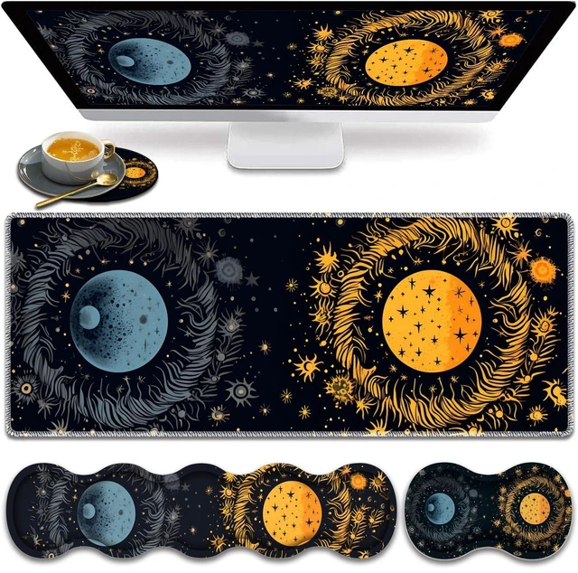 Main image of Large Gaming Mouse Pad, Keyboard Wrist Rest Pad + Mouse Wrist Pad + Coaster 4 in 1 Set, Extended Waterproof Non-Slip Desk Mat, Suitable for Office Home Learning Games, Moon, Sun and Stars