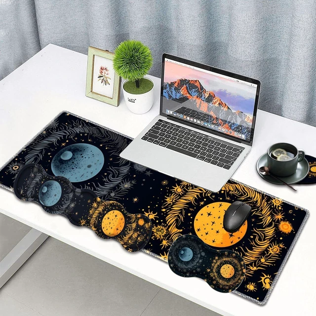 Alt view image 2 of 5 - Large Gaming Mouse Pad, Keyboard Wrist Rest Pad + Mouse Wrist Pad + Coaster 4 in 1 Set, Extended Waterproof Non-Slip Desk Mat, Suitable for Office Home Learning Games, Moon, Sun and Stars
