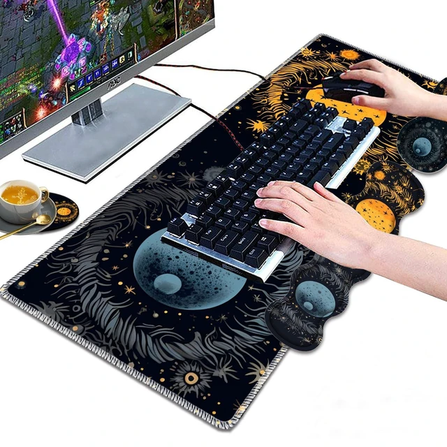 Alt view image 4 of 5 - Large Gaming Mouse Pad, Keyboard Wrist Rest Pad + Mouse Wrist Pad + Coaster 4 in 1 Set, Extended Waterproof Non-Slip Desk Mat, Suitable for Office Home Learning Games, Moon, Sun and Stars