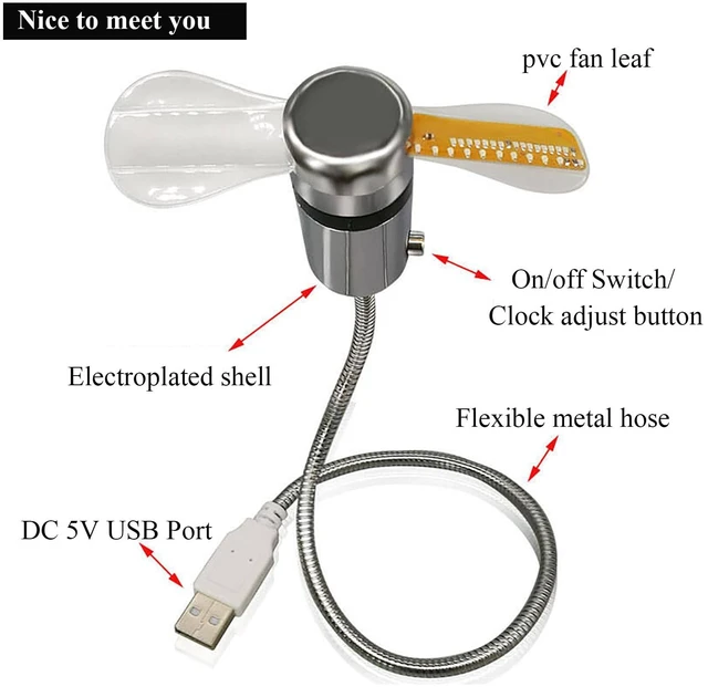 Alt view image 4 of 5 - Soseelnee USB Clock Fan with Real Time Display, Mini Portable Flexible Cooling Fans with Led Light for Home Office (2)