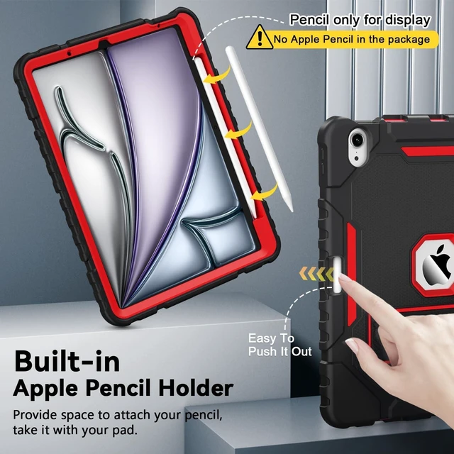 Alt view image 3 of 5 - Grifobes Case for iPad Air 11-inch (M4/M3/M2) 2026/2025/2024, for iPad Air 5th/4th Generation 2022/2020 10.9", Heavy Duty Rugged Cover with Stand/Pencil Holder for i Pad Air 5 4 Gen(Black+Red)