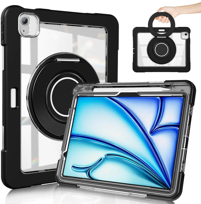 Main image of GILLKIN Case for iPad Air 11 Inch M3 (2025)/M2 (2024)- with Pencil Holder, Screen Protector and 360 Rotating Stand Heavy Duty Shockproof Dropproof Case for iPad Air 7th Gen/iPad Air 6th Gen (Black)