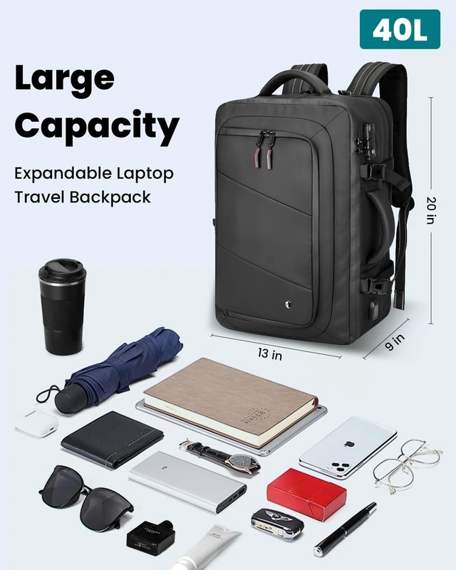 Alt view image 2 of 5 - 50L Carry on Backpack, Laptop Bag, Expandable Backpack for Airplane, Water Resistant, USB Port, TSA Lock for Women & Men, Ideal for Travel Business, Work- No Pump or Vacuum Bag Included