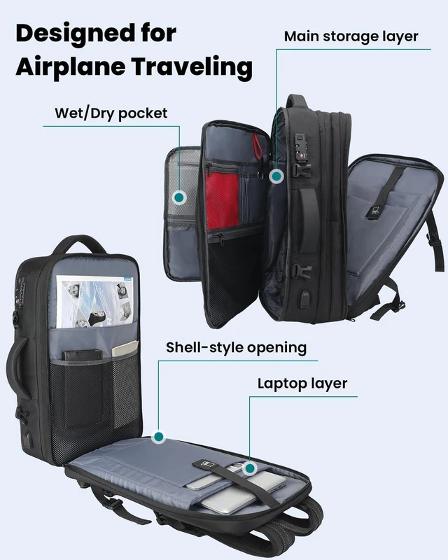 Alt view image 4 of 5 - 50L Carry on Backpack, Laptop Bag, Expandable Backpack for Airplane, Water Resistant, USB Port, TSA Lock for Women & Men, Ideal for Travel Business, Work- No Pump or Vacuum Bag Included