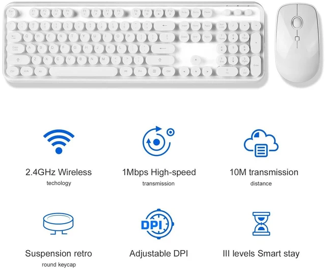 Alt view image 4 of 5 - Wireless Keyboard and Mouse Combo - Cute Colorful Keyboard and Mouse, Retro Typewriter Keyboard with 2.4GHz Plug & Play, for Windows 11/10/7, Laptop, PC (White)