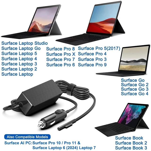 Alt view image 2 of 5 - 102W Surface Car Charger, HKY 12V-24V DC Car Adapter Compatible with Surface Pro 10 X 9 8 7 7+ 6 5 4 3, Surface Book 3 2 1, Surface Laptop 6 5 4 3 2 1 & Surface Go 4 3 2 1,Surface Laptop Go