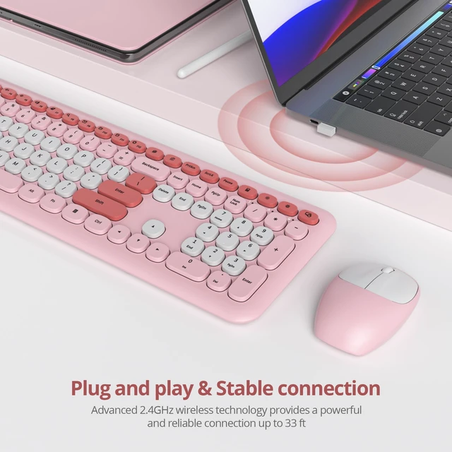 Alt view image 2 of 5 - surmen Cute Wireless Keyboard and Mouse Combo, Pink Wireless Keyboard with Silent Mouse, Full Size Slim Low-Noise Soft Touch Round Keys for Home and Office,6-Pink